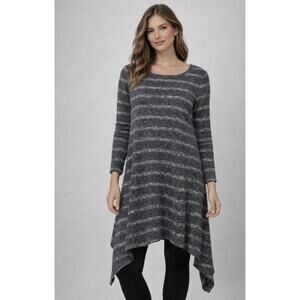 Dina Be Gray Striped Sharkbite Hem Tunic Sweater Dress Women’s Large Long Sleeve